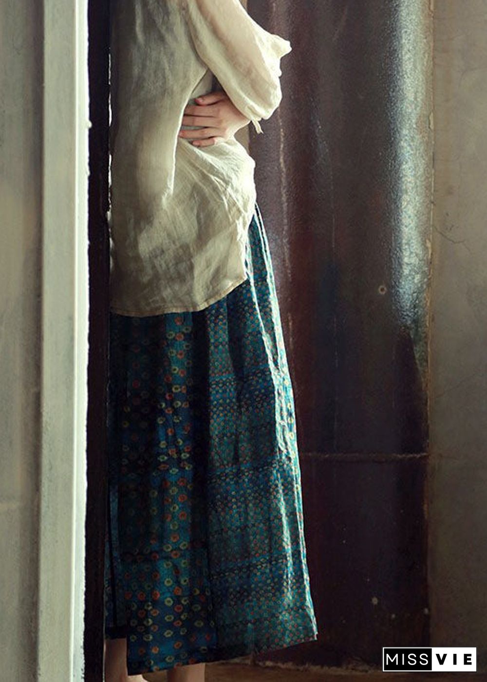 Elegant Green Elastic Waist Print Patchwork Linen Skirts Fall