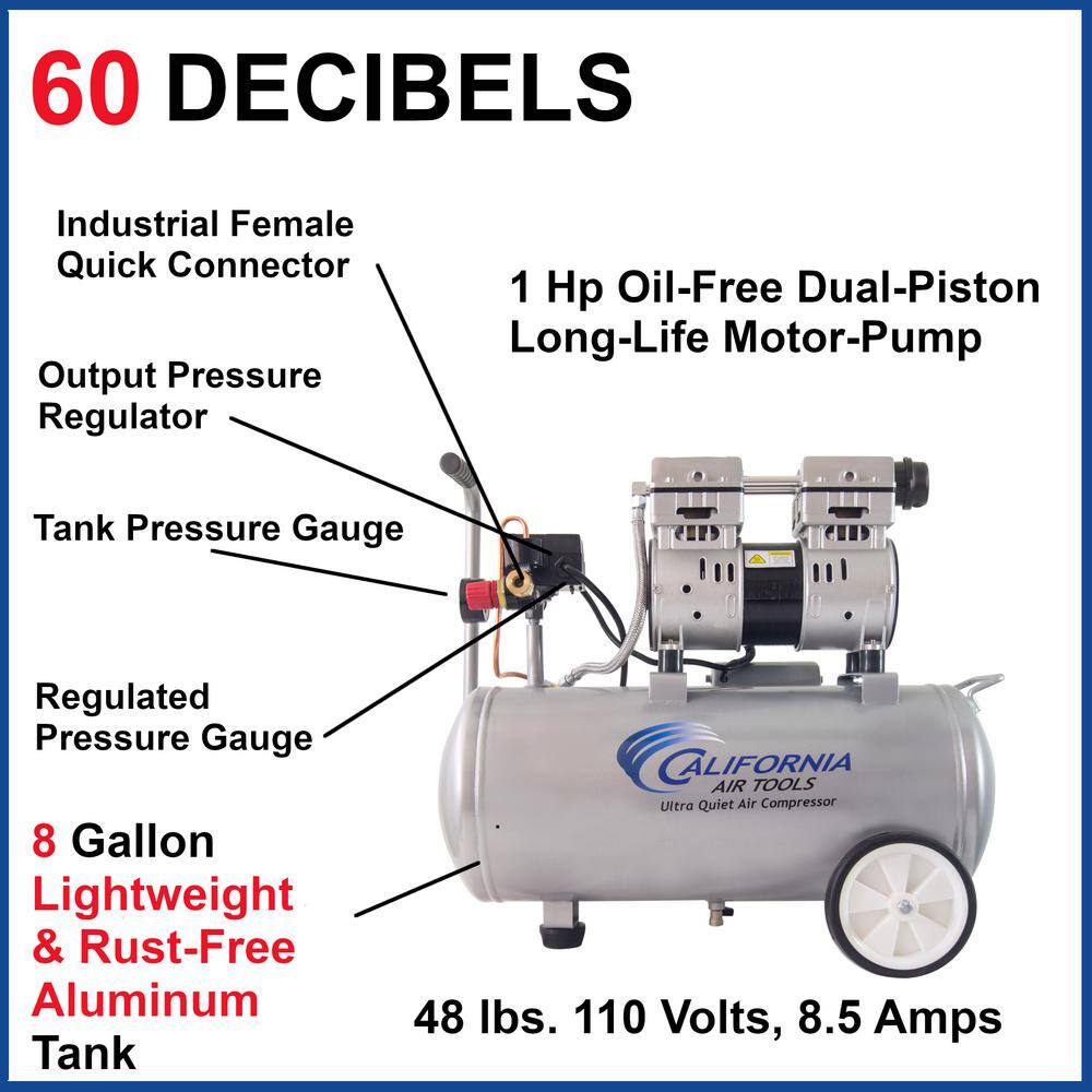 California Air Tools 8.0 Gal. 1.0 HP Aluminum Air Tank Ultra-Quiet and Oil-Free Portable Electric Lightweight Air Compressor 8010A