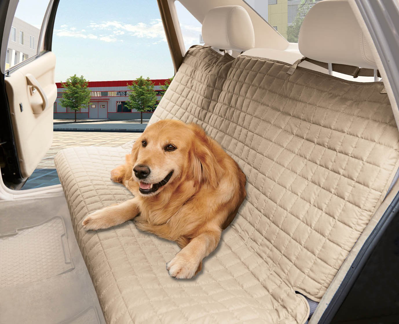 Celinen Quilted Design %100 Waterproof  Bench Car Seat Protector Cover (Entire Rear Seat)  for Pets - TIES TO STOP SLIPPING OFF THE BENCH ， Beige