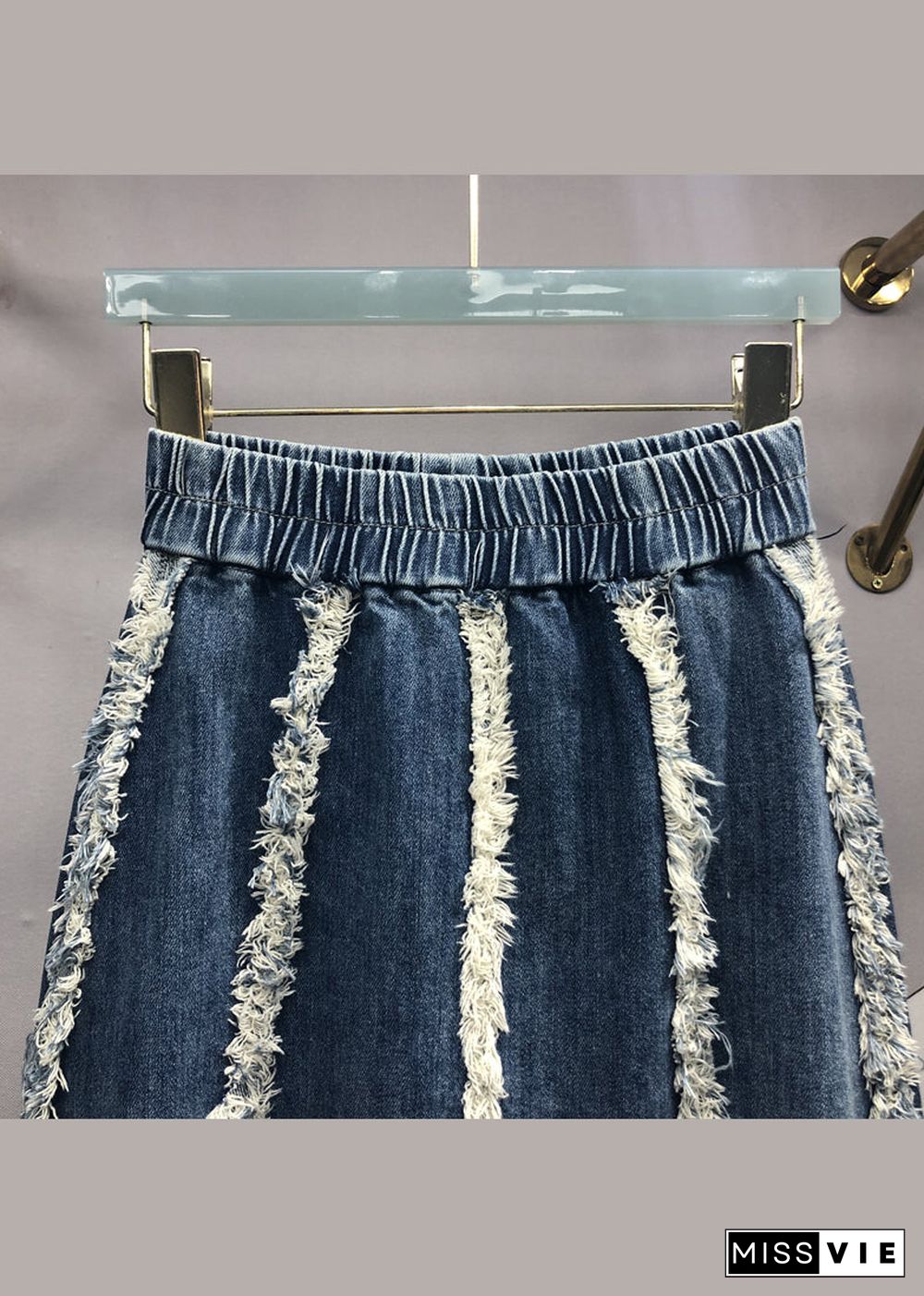 Italian Blue Tasseled Elastic Waist Patchwork Denim Skirts Fall