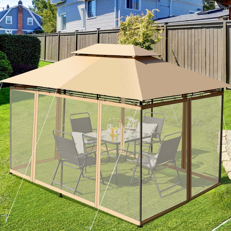 10 x 13 FT Steel Patio Gazebo with Mesh Curtains, 2 Tier Vented Roof Outdoor Canopy Gazebo Tent