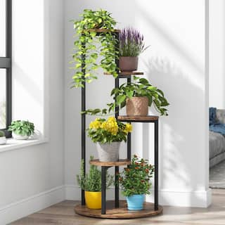 BYBLIGHT Wellston 40.94 in. H Rustic Brown Round Wood Corner Plant Stand Indoor 5 Tier Potted Ladder Holder Flower Rack BB-U0181-XMX