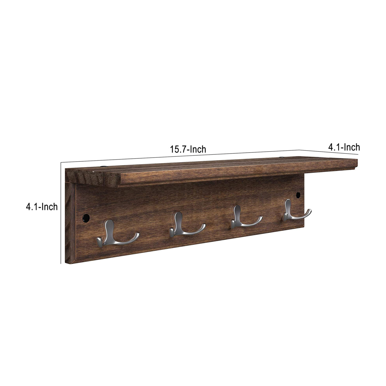 16 Inch Wall Mount Coat Rack， 4 Double Hooks， Wood， Metal， Rustic Brown- Saltoro Sherpi