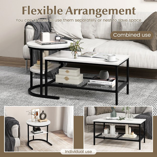 Tangkula Nesting Coffee Table Set Of 2 Faux Marble Top Detachable W Storage Shelf