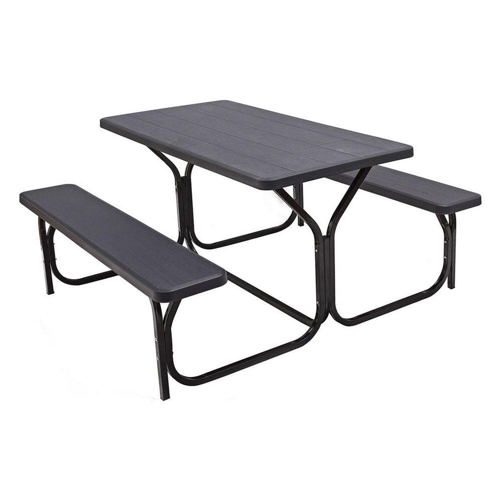 Alpulon Black All-Weather Metal Outdoor Picnic Table Bench Set with Metal Base Wood ZMWV521-B