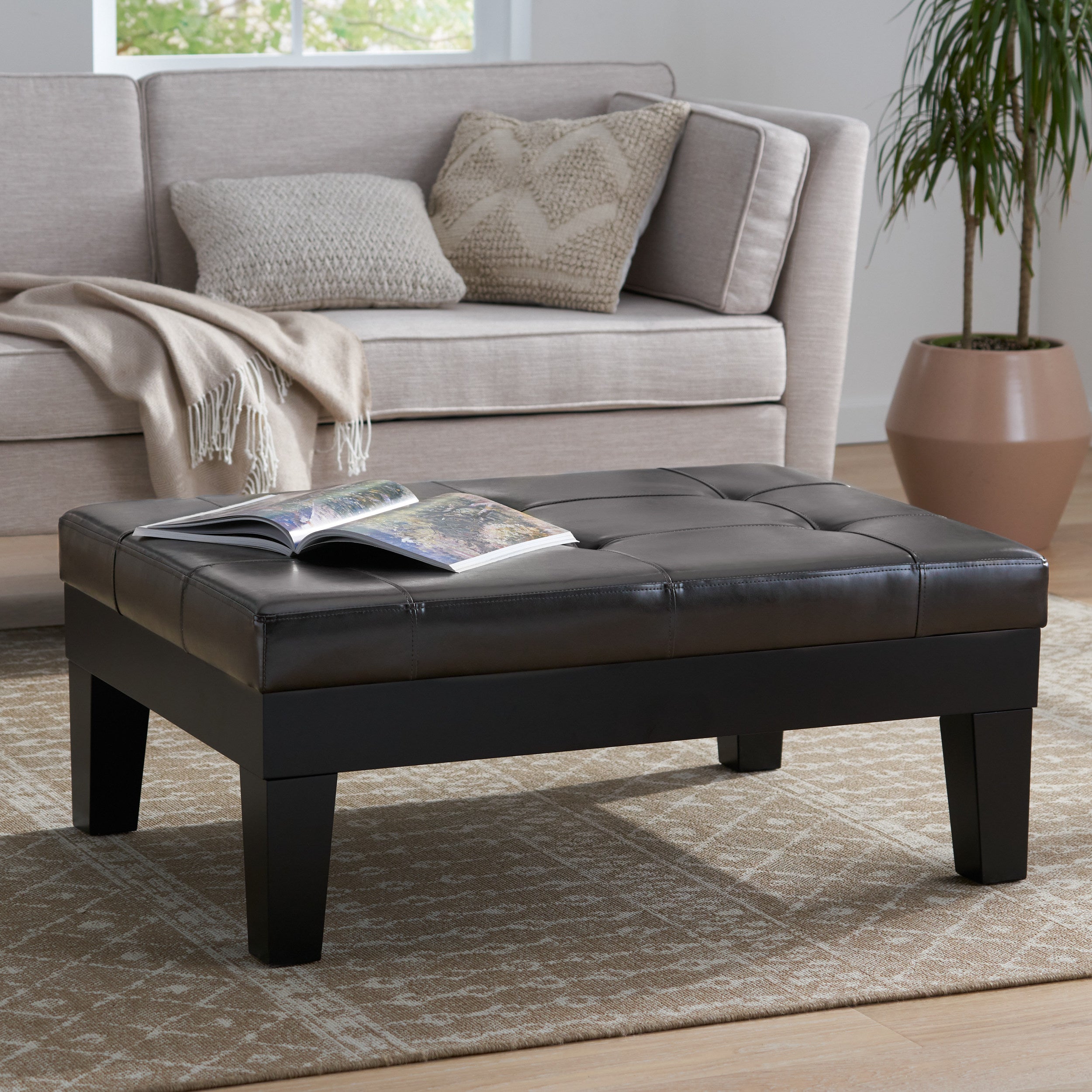 Tucson Contemporary Tufted Leather Storage Ottoman Table with Drawer