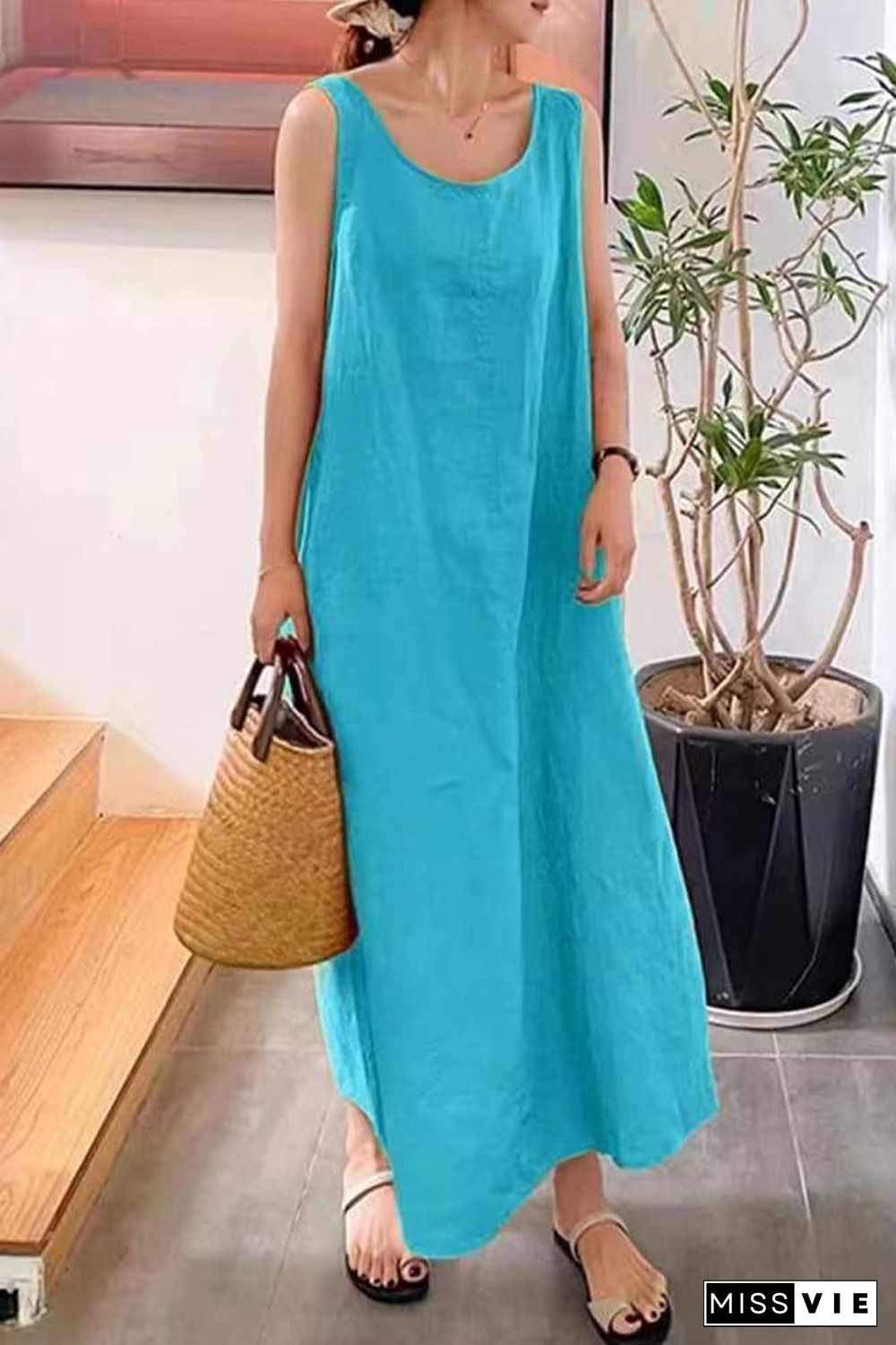 Casual Simplicity Solid Pocket O Neck Sleeveless Dress Dresses