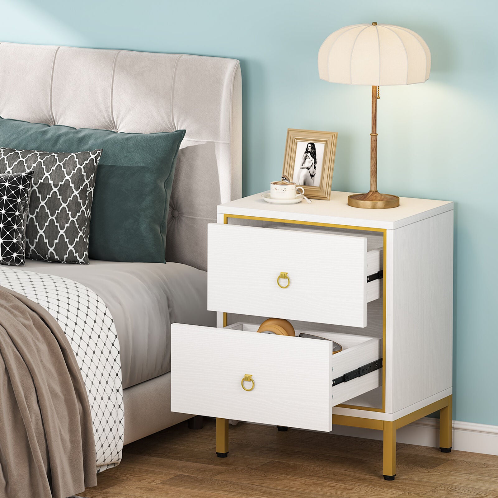 Tribesigns Nightstand with 2 Drawers, White + Gold Bedside End Table for Bedroom, Living Room