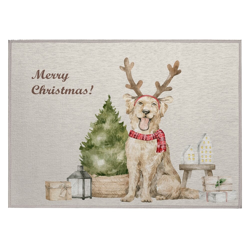 Indoor/ Outdoor Cozy Winter Taupe Washable Christmas Dog Rug