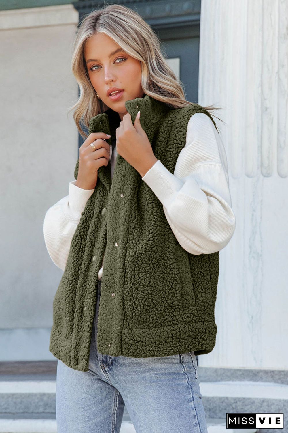 Snap Button Pocketed Sherpa Vest Jacket