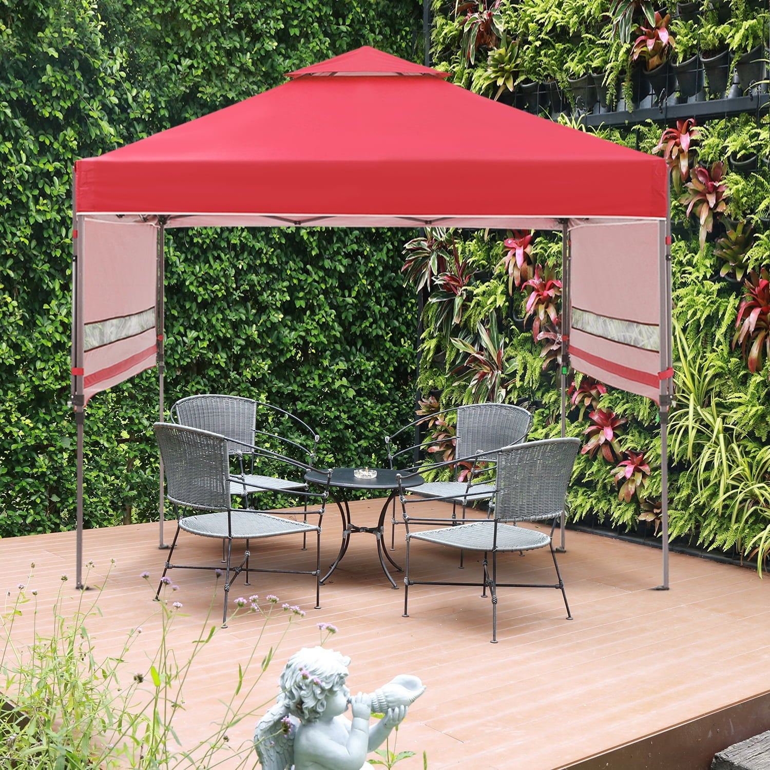 Outdoor Basic 10x17 Ft 2-Tier Pop Up Canopy Tent, Instant Canopy Shelter with Ventilation, Adjustable Dual Half Awnings and Wheeled Carrying Bag,Red