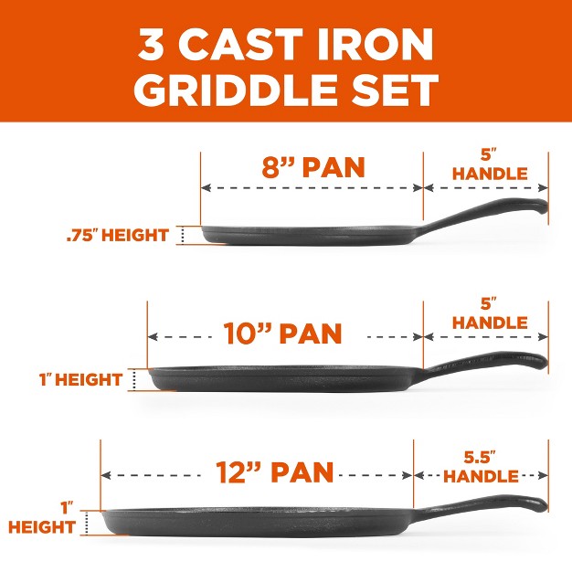 Commercial Chef Pre seasoned Cast Iron 3 piece Griddle Set Black