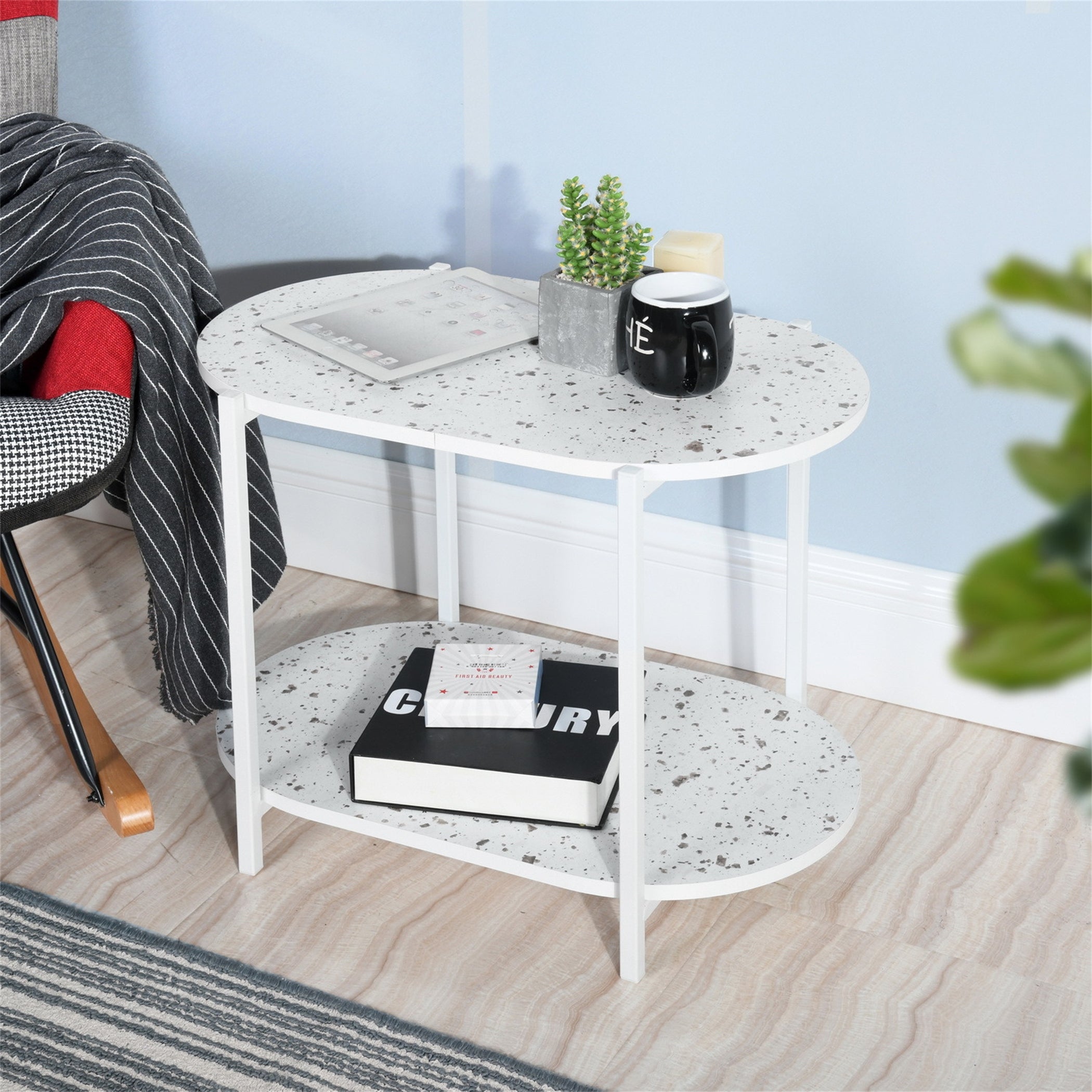 2-Tiers Sofa Table End Table Coffee Tea Oval Nightstand Marble Table