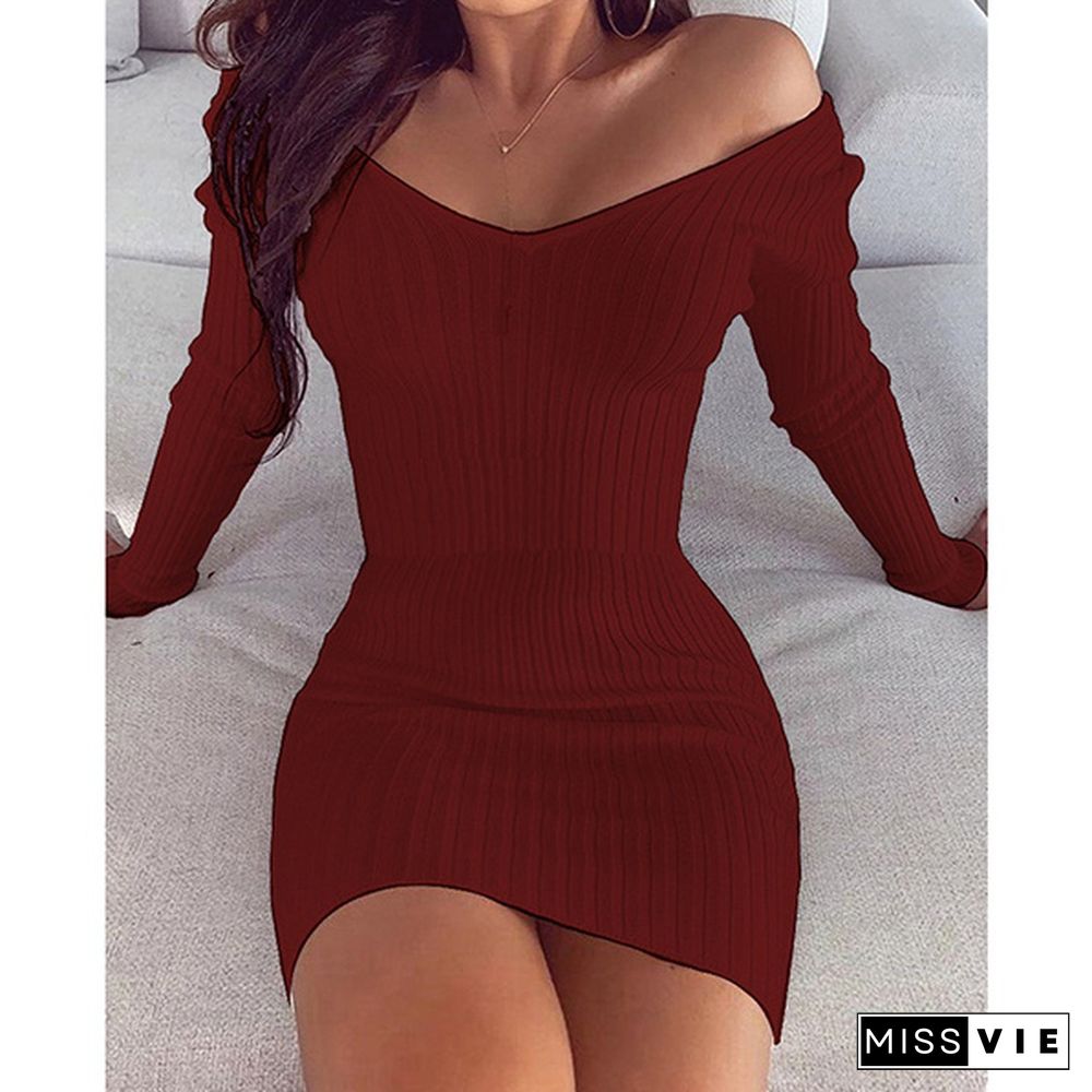 Fashion Women V-neck Long Sleeve Bodycon Sexy Knitted Dresses Petal Cuff Pullover Mini Solid Dress for Woman