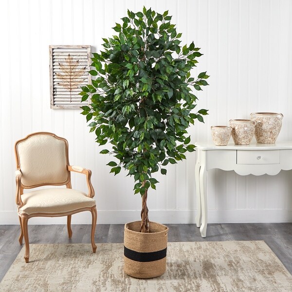 6' Ficus Artificial Tree with Natural Trunk in Handmade Natural Cotton Planter