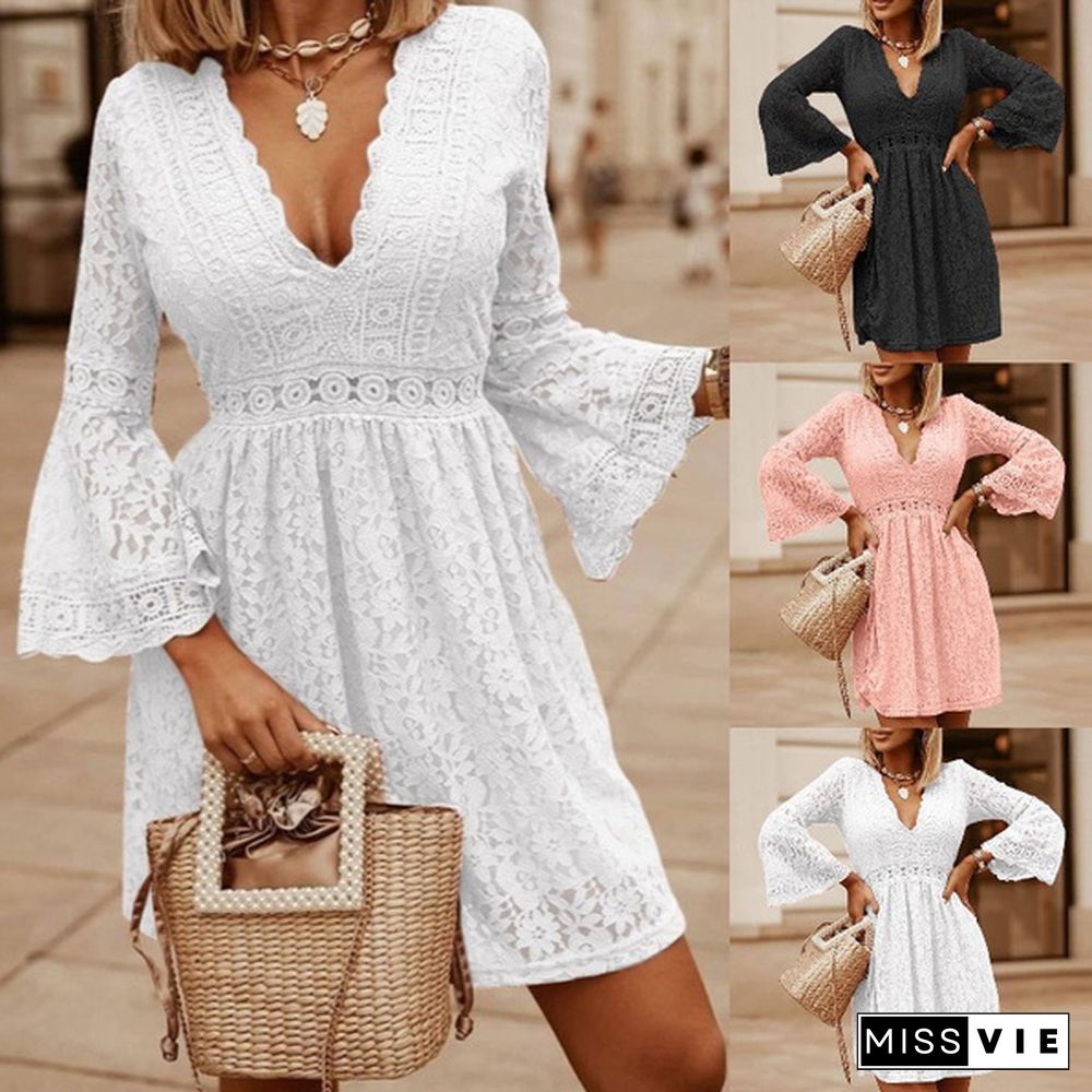 Women Lace Stitching Elegant Dress Flare Long Sleeve V Neck Party Casual Loose Mini Dress Plus Size