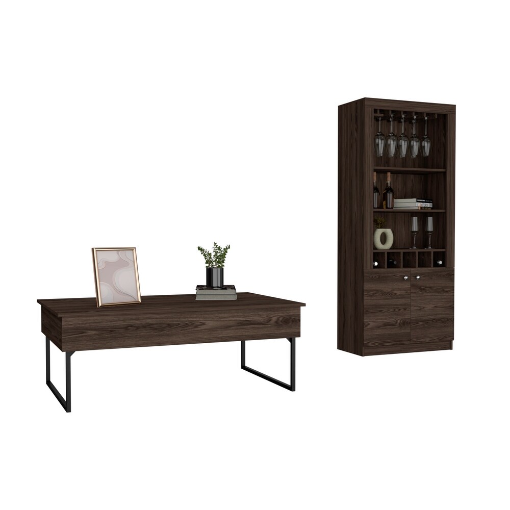 TUHOME Palermo 2 Piece Living Room Set with Bar Cabinet and Coffee Table  Dark Walnut