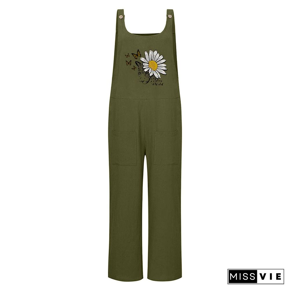 Women Causal Baggy Overalls Jumpsuit With Pockets Boho Pants Ladies Wide Leg Floral Loose Suspender Trousers Romper