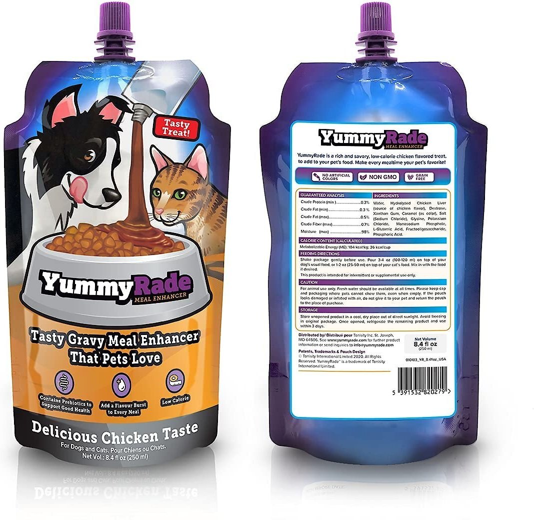 Tonisity YummyRade Low-Calorie Chicken Flavored Gravy Topper Digestive Supplement for Dogs and Cats， 250-mL pouch， pack of 3