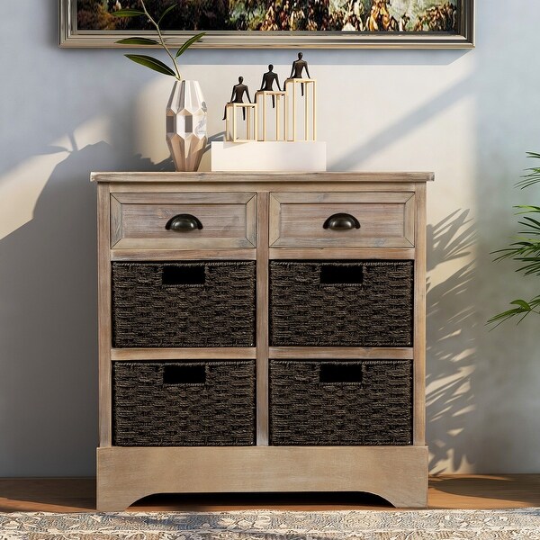 Rustic Storage Cabinet with Two-Drawer and Four Classic Rattan Basket