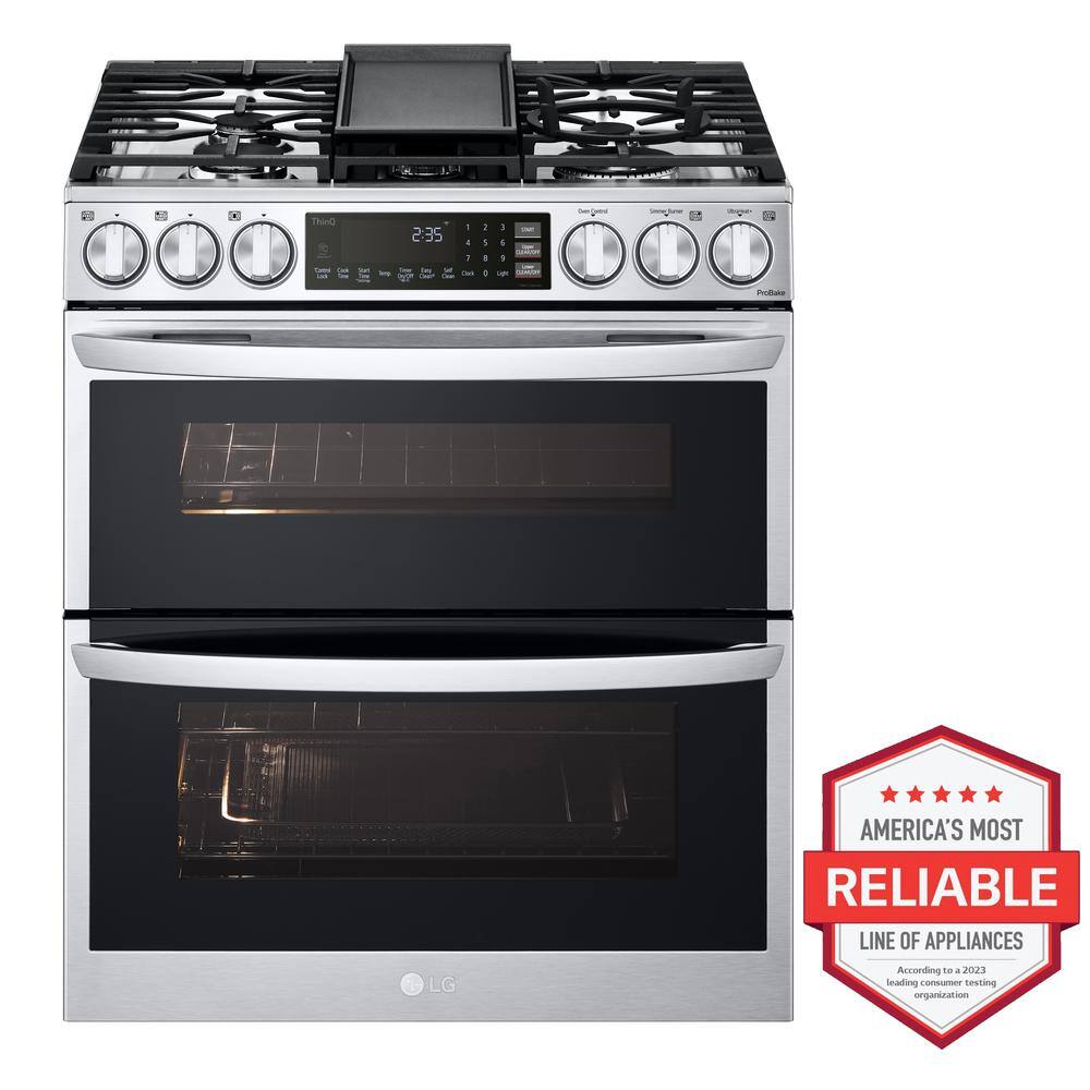 LG 6.9 cu. ft. Smart Slide-In Double Oven Gas Range with ProBake and InstaView in PrintProof Stainless Steel LTGL6937F