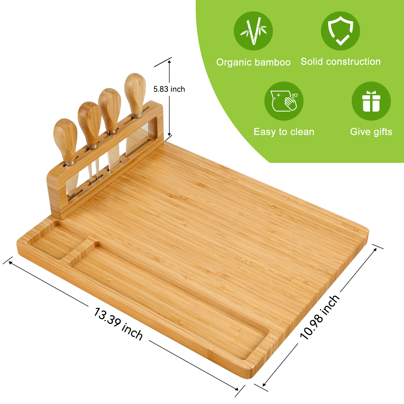 Secura Bamboo Cheese Board， Charcuterie Boards Set Cheese Platters Wood Serving Board and Knife Set with Knife Stand for Wine Wedding Housewarming Gifts