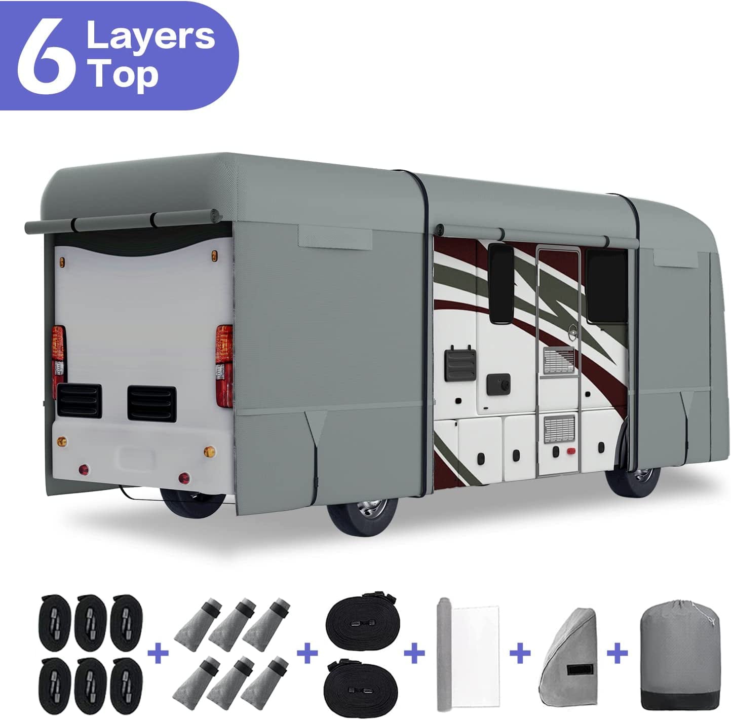 Umbrauto RV Cover Class A 2022 Upgraded 6 Layers Anti-UV Top Panel Motorhome Cover Windproof Camper Cover for 31' to 34' Motorhome with 2Pcs Extra Straps， Adhesive Repair Patches， 6 Gutter Covers