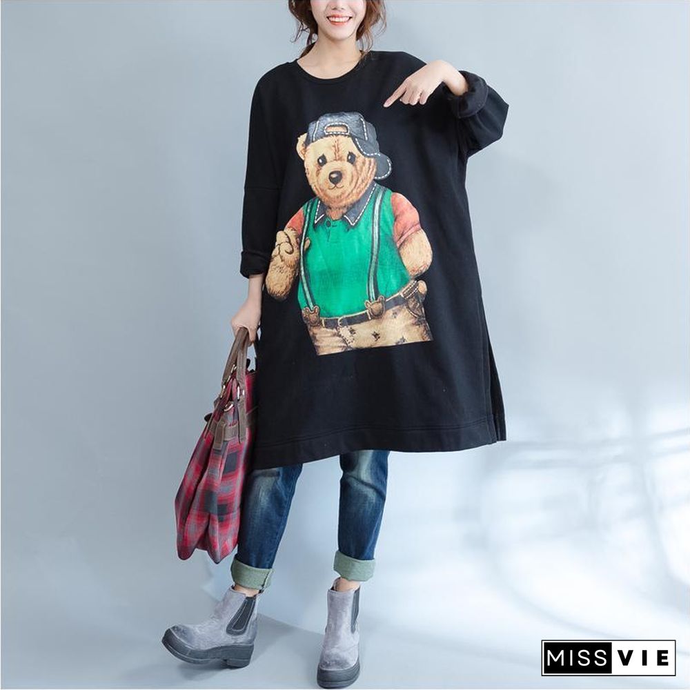 plus size casual black cartoon print cotton dresses long sleeve mid long t pullover