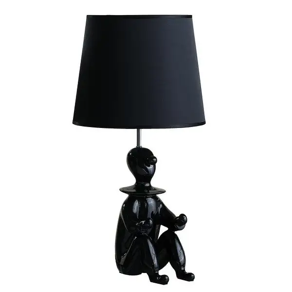 Fabric Shade Table Lamp with Polyresin Sitting Clown Base， Black