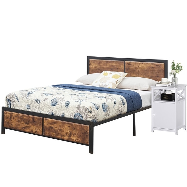 Taomika Industrial 3-pieces Bed with Wood Headboard and Nightstand Set - - 35162744