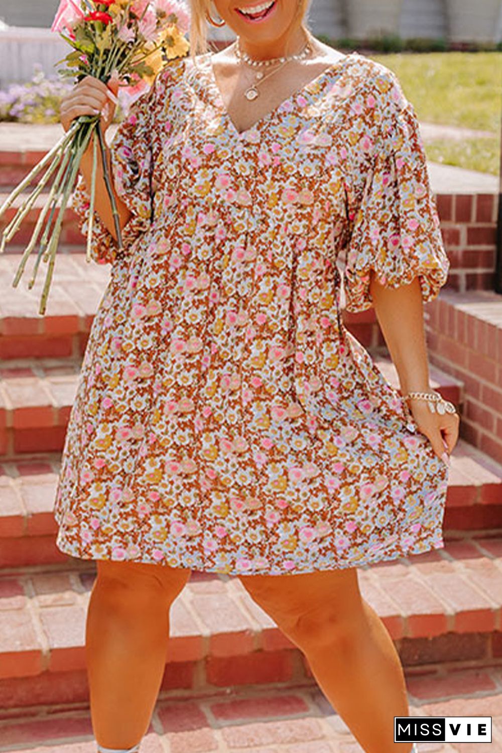 Multicolor Plus Size Floral Print Puff Sleeves Dress