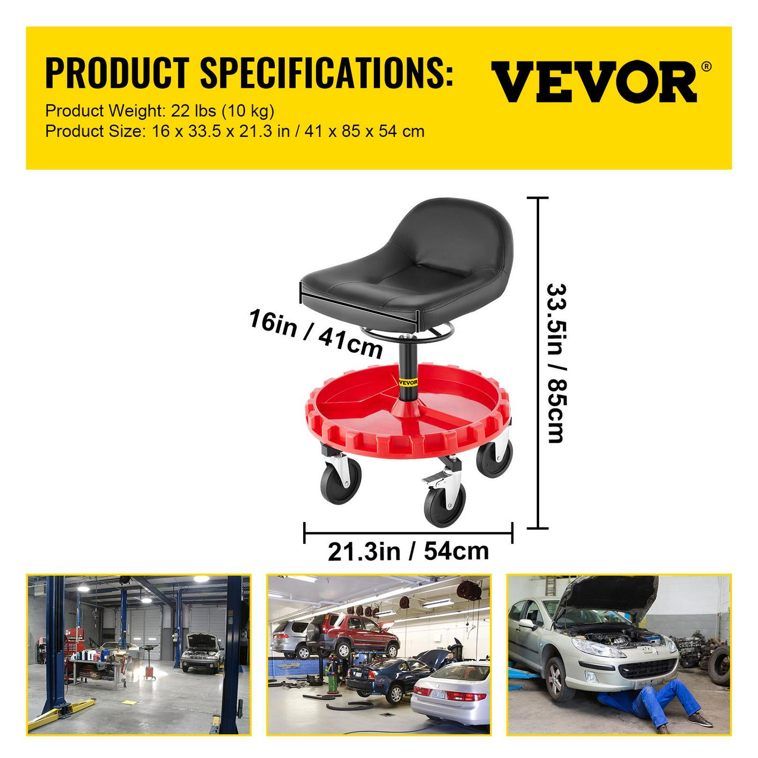 VEVORbrand Pneumatic Stool，400 LBS Rolling Garage Stool，22in to 26in Adjustable Height，Round Shop Stool with Parts Tray，All-Terrain 5in Casters with Two Brakes Mechanic Roller Seat