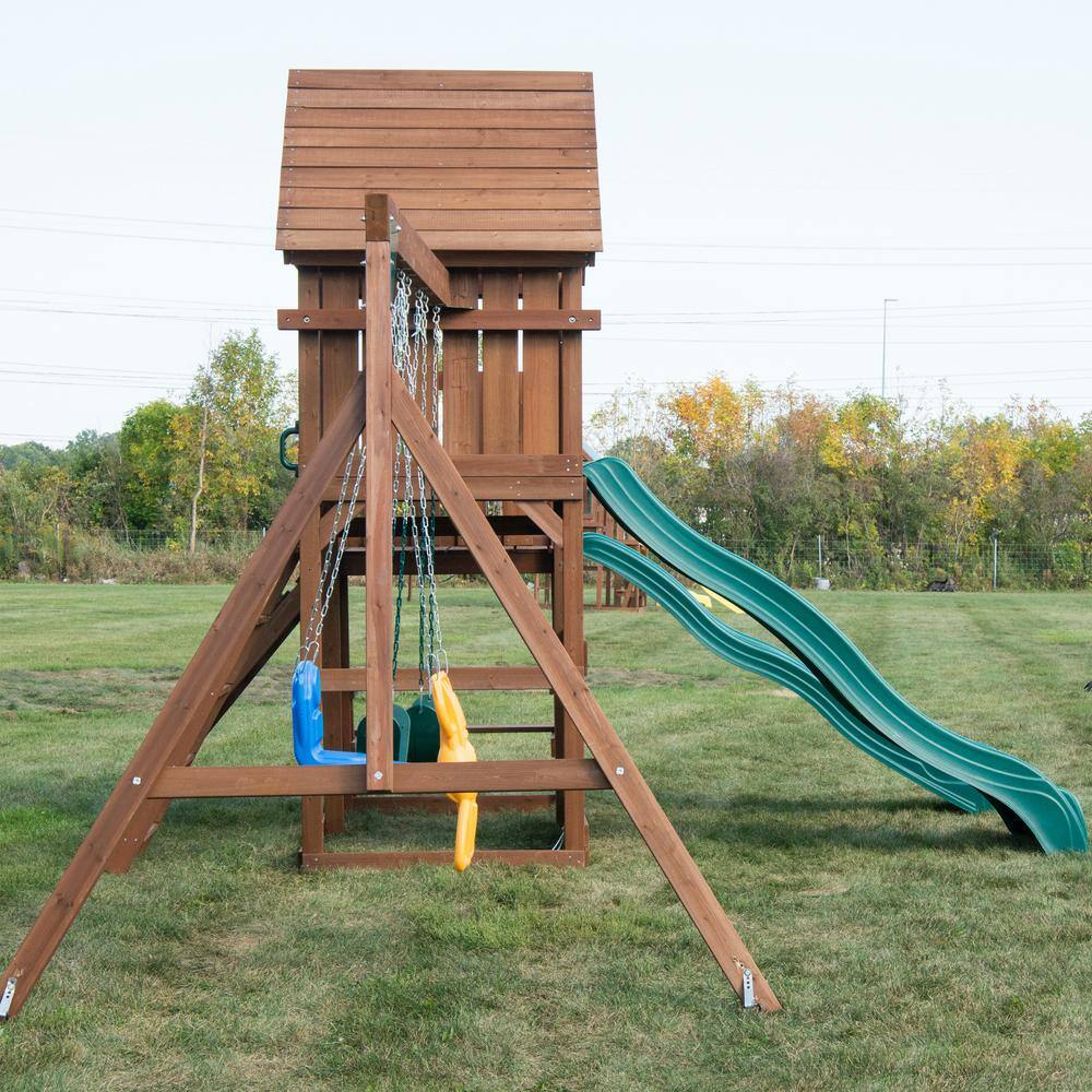 Swing-N-Slide Playsets KnightsBridge Deluxe Complete Wooden Outdoor Playset with Slides Swings and Backyard Swing Set Accessories WS 8353