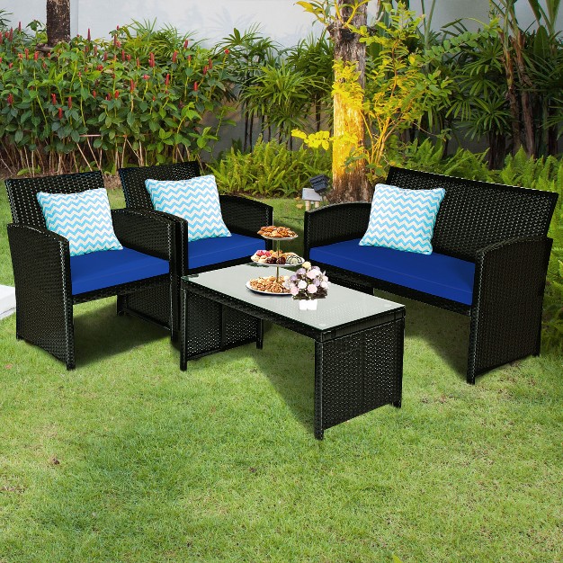 Tangkula 4 Piece Outdoor Patio Rattan Furniture Set Navy Cushioned Seat For Garden Porch Lawn