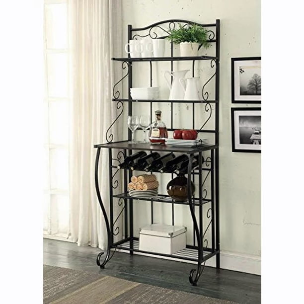 Ktaxon 6-Tier Metal Baker's Rack Kitchen Island with 5-Bottle Wine Rack Holder Storage Shelf Organizer， Freestanding Microwave Oven Stand Coffee Bar Table， Black