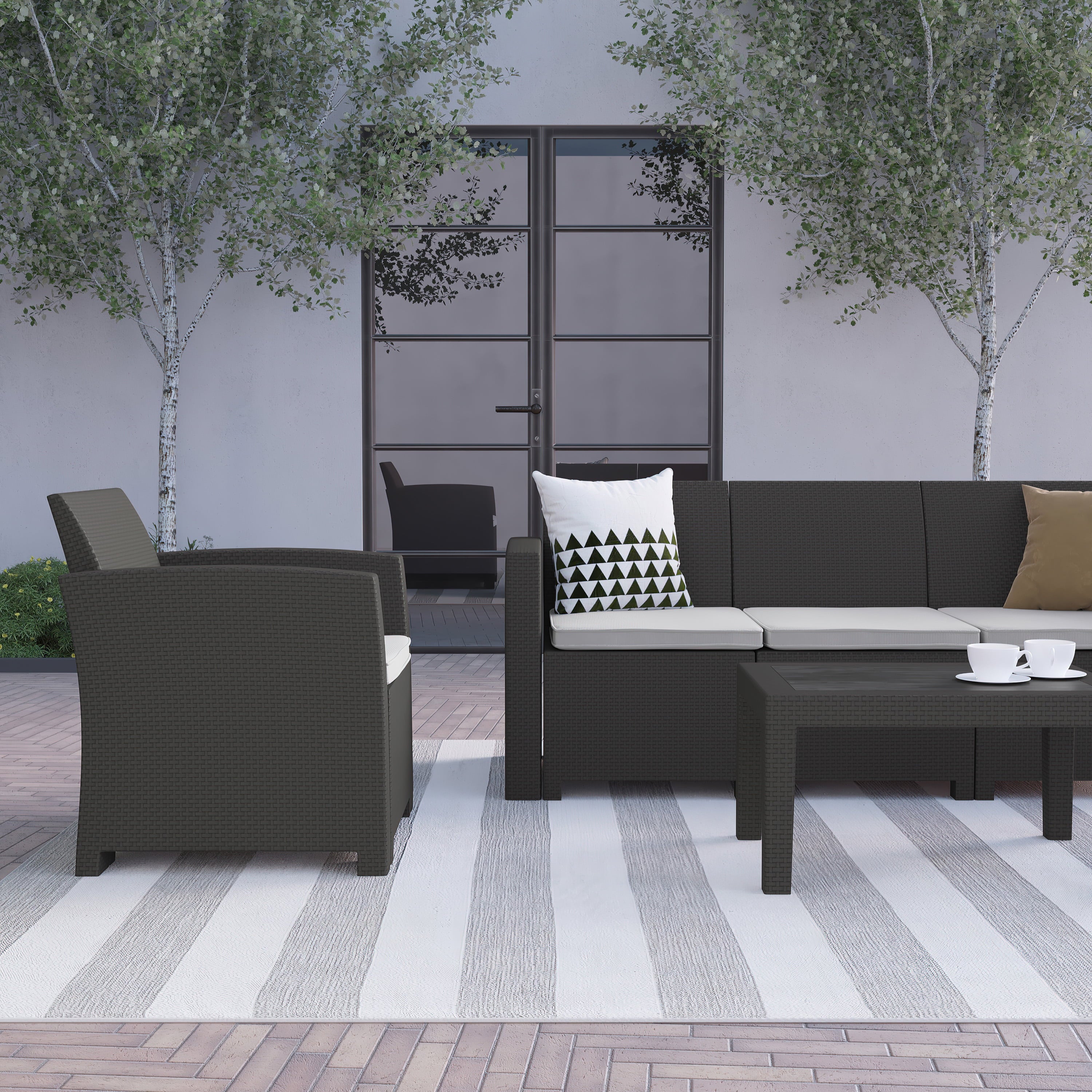 Flash Furniture Seneca 4 Piece Outdoor Faux Rattan Chair, Sofa and Table Set in Seneca Dark Gray