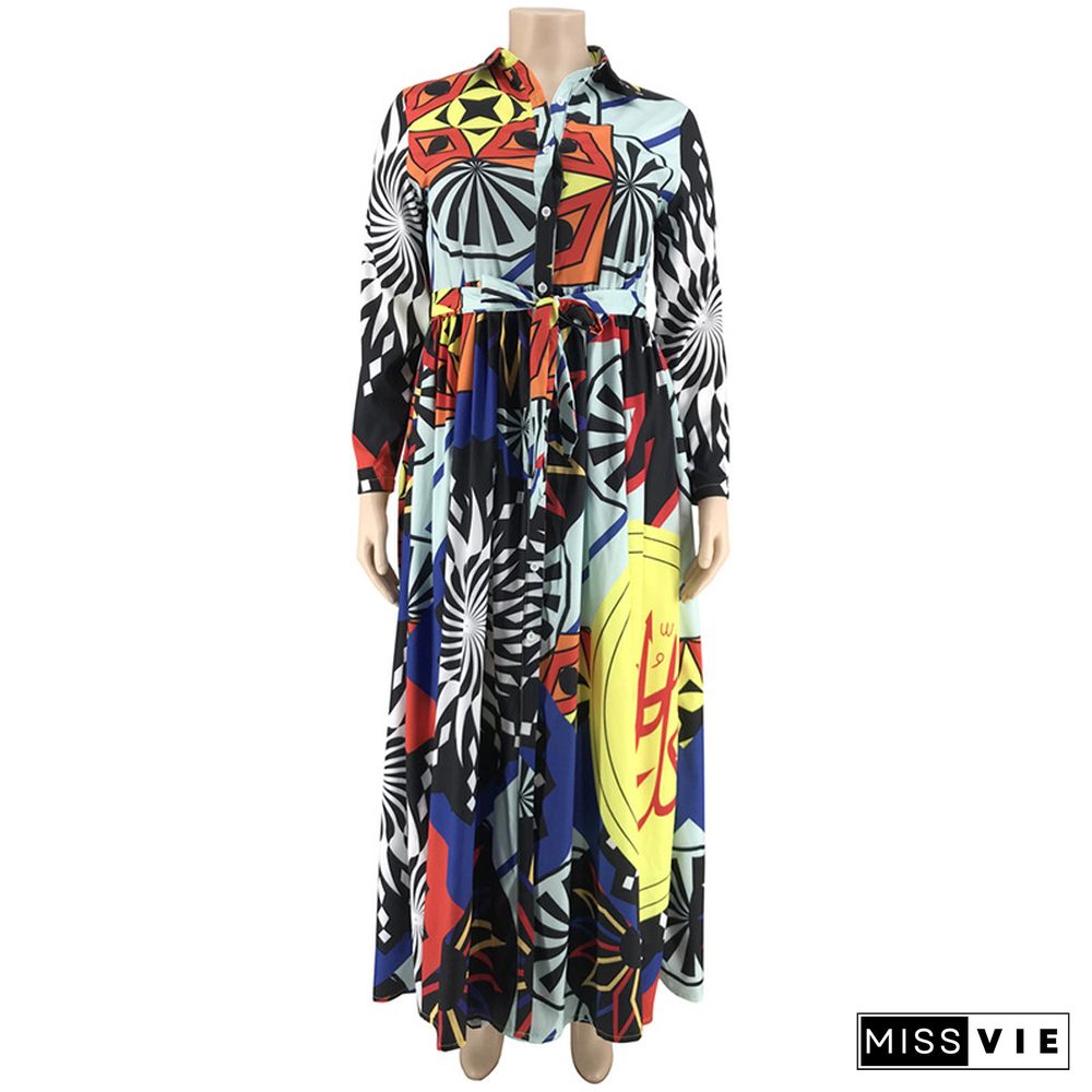 Fashion Printing Full Sleeves Hem Plus Size Long Dress