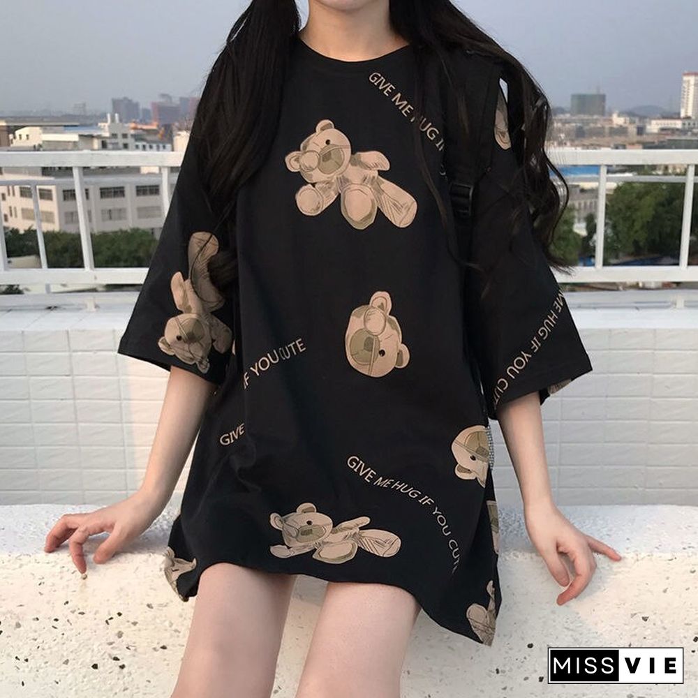 Women Tshirts Female Spring Summer Harajuku Tops L-4XL Plus Size Crew Collar Short Sleeve Tee Graphic T-shirt Cute Hug Bear