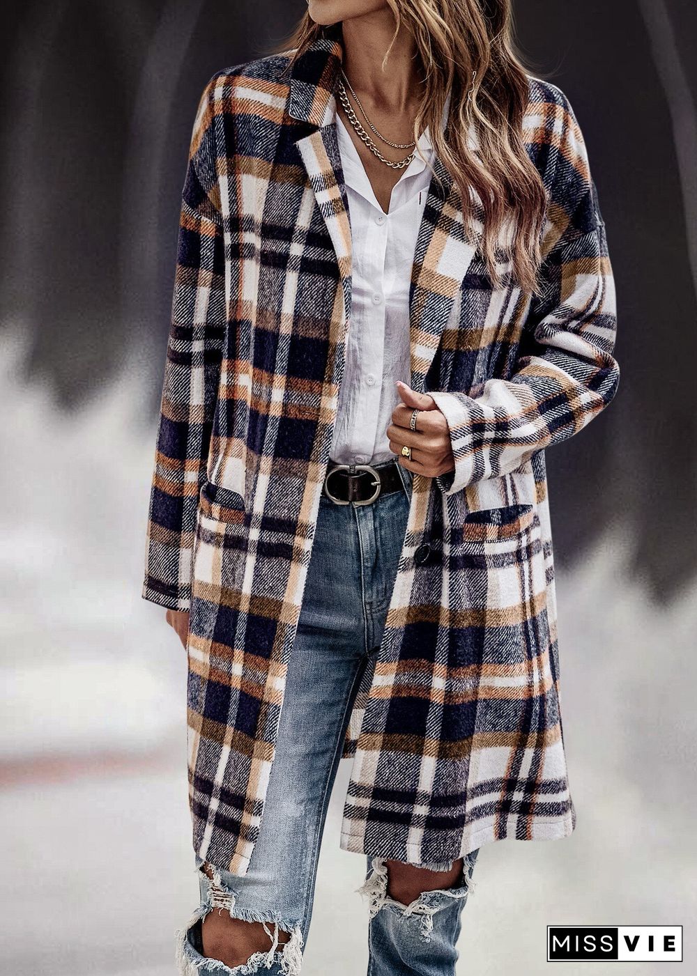 Autumn And Winter Winter Coat Women New Fashion Lapel Single-breasted Long-sleeved Plaid Long Coat Women Jacket