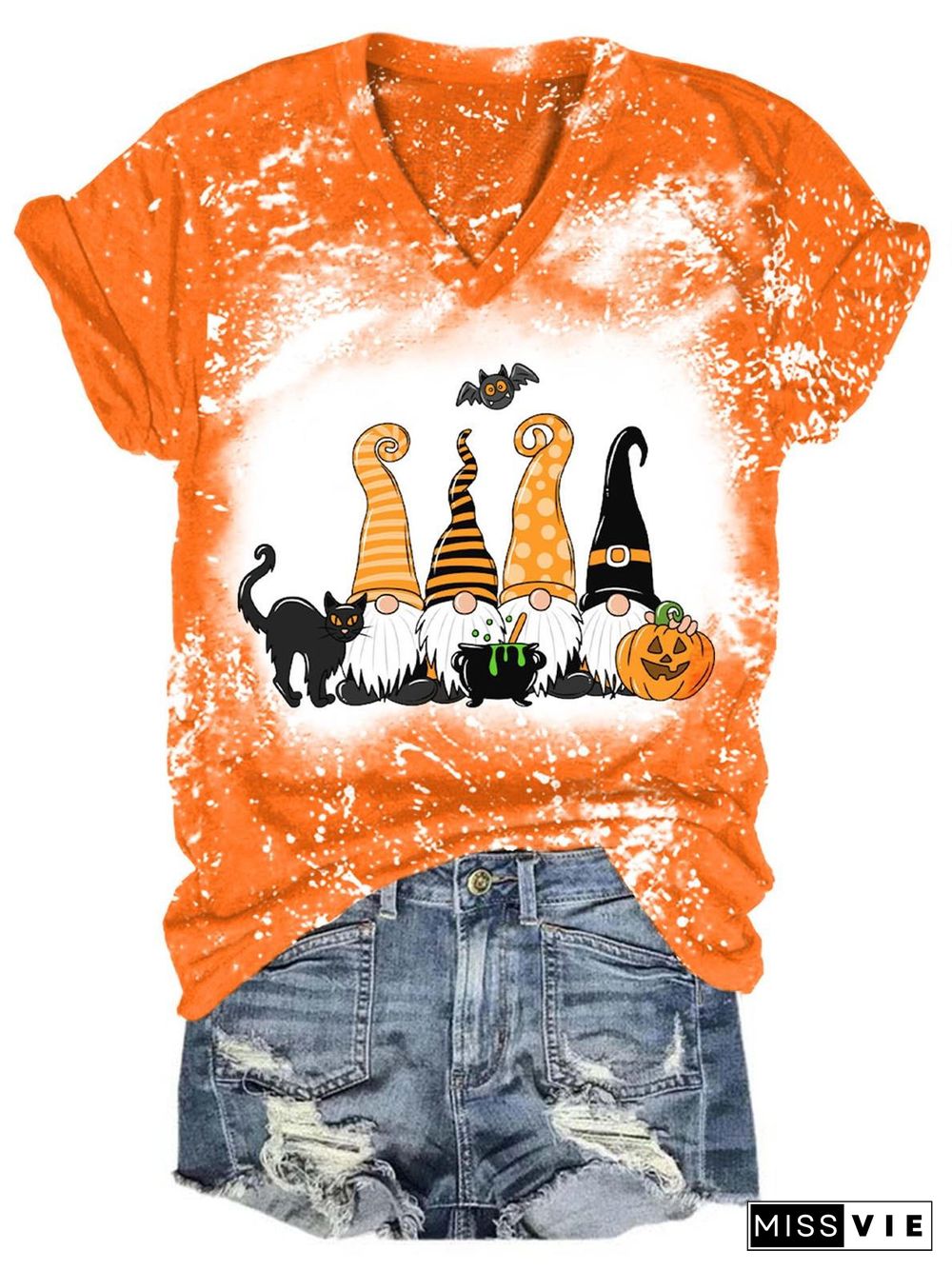 Halloween Gnomes Black Cat Print V-Neck T-Shirt