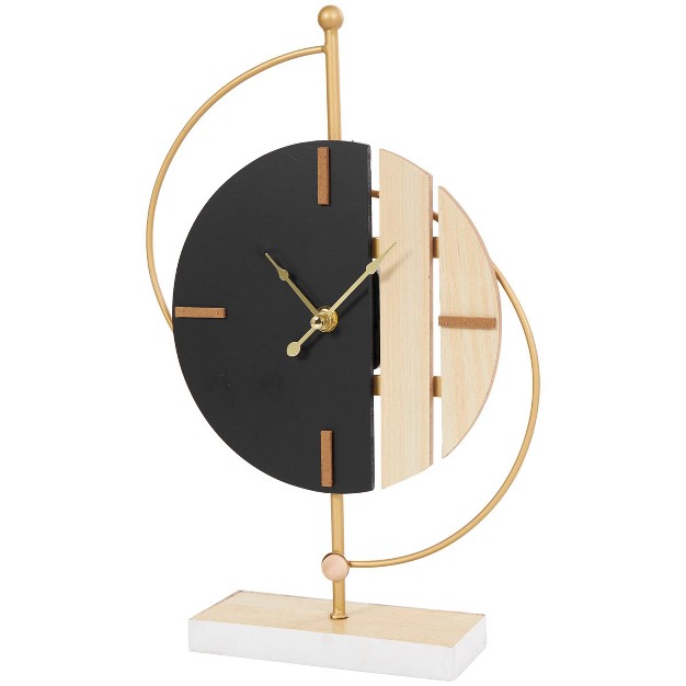 Wooden Geometric Two toned Clock With Wood Accents And Gold Semi circle Frame Black Cosmoliving By Cosmopolitan