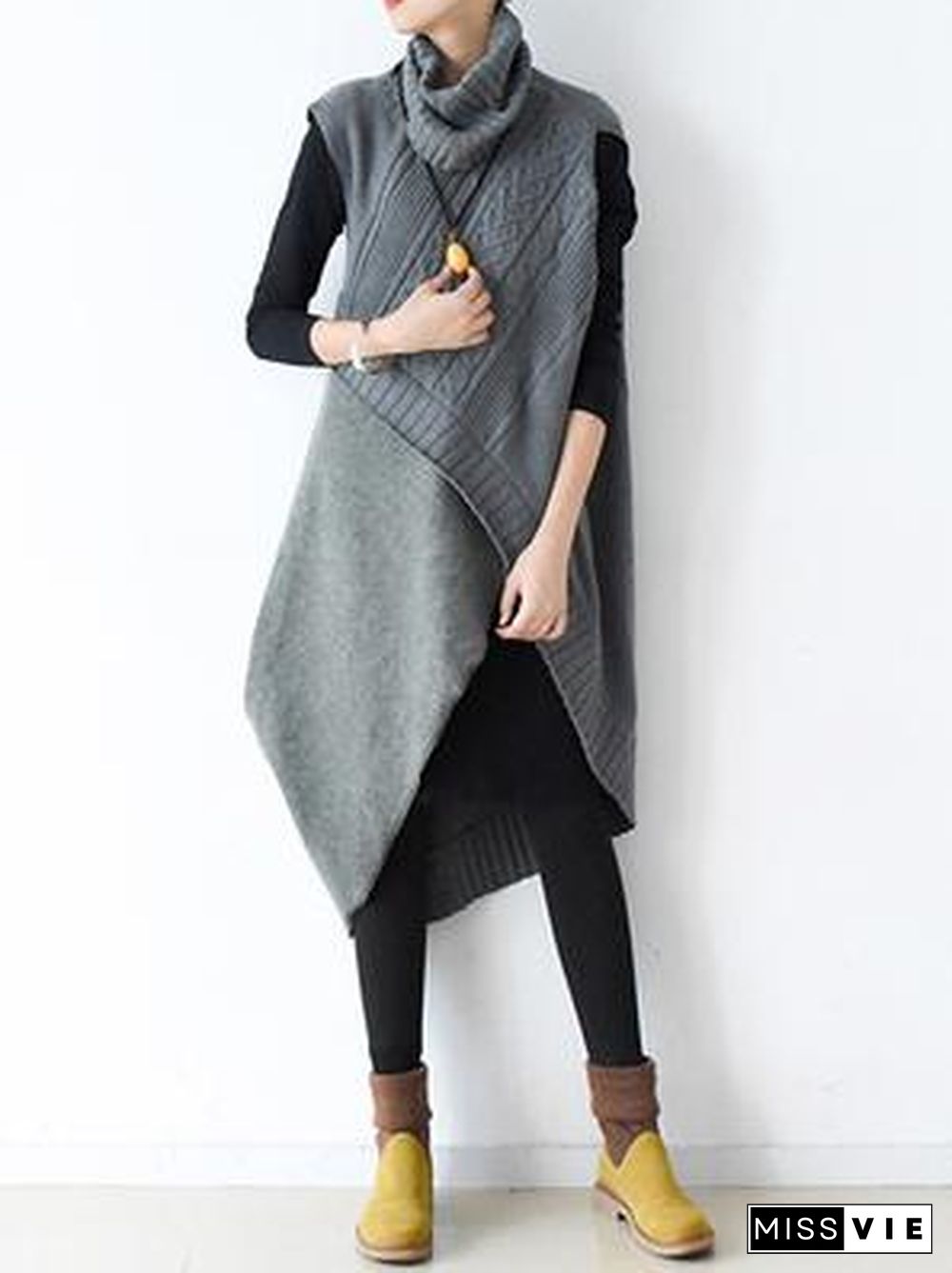 Casual Vintage Knitting High-Neck Sleeveless Dress