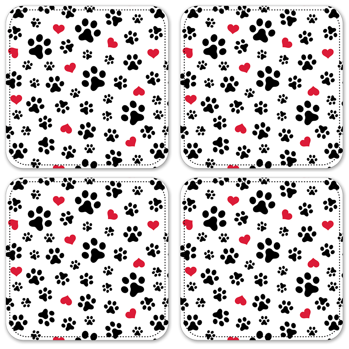 Vinyl Drink Coasters - Set of 4 - Dog Paws and Hearts Toss