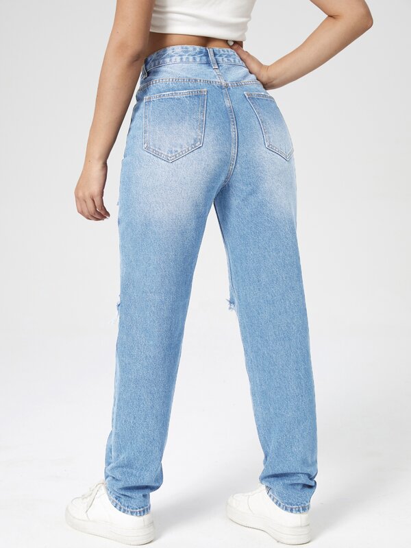 Washed Ripped Mom Jeans