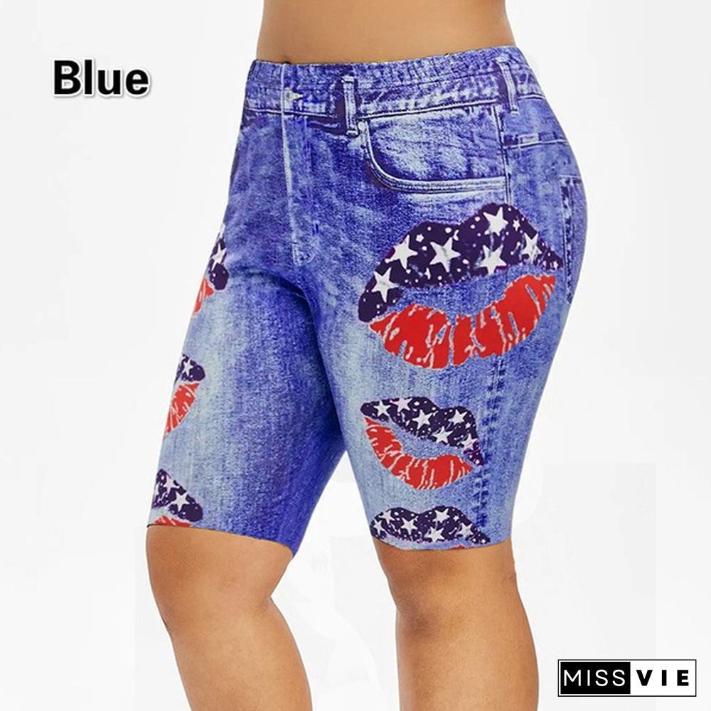 New Lips and Flag Print Women High Waist Leggings Short Faux Denim Fashion Capri Jegging Shorts Plus Size