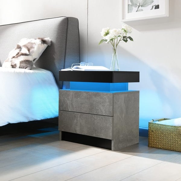 Nightstand LED Bedside Table LED Cabinet LED Lights Modern End Side Table with 2 Drawers for Bedroom (Grey)， - - 37636785