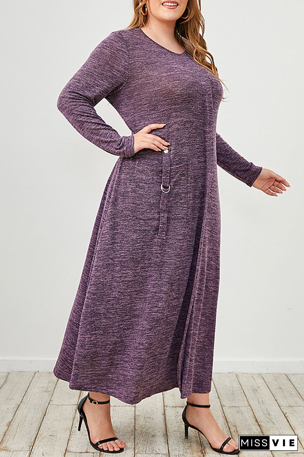 Plus Size Solid Purple Long Sleeve Elegant Dress Wholesale