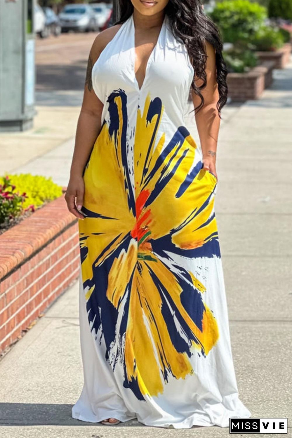 Blue Casual Print Bandage Backless Halter Long Dress Dresses