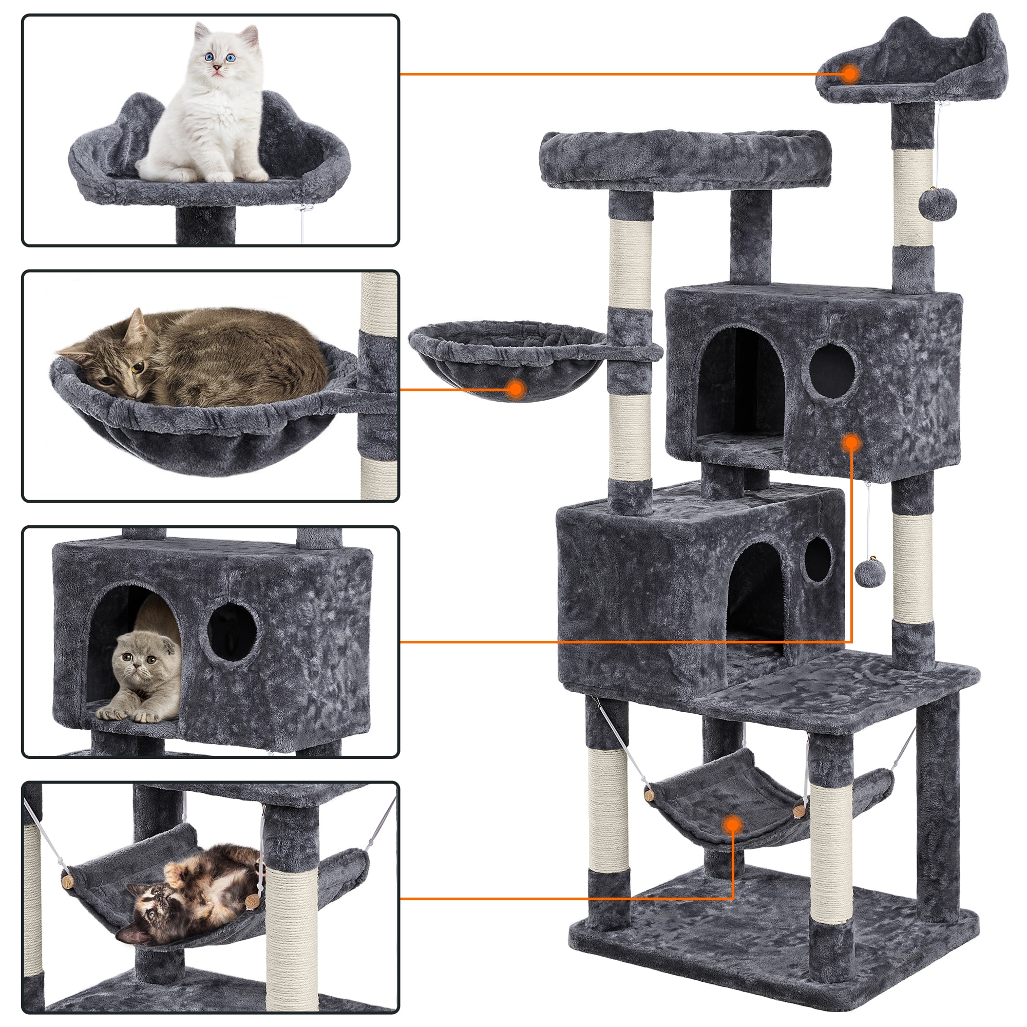 Topeakmart Dark Gray 4-Level Large Cat Tree with Wide Perch for Small Cats， 64.5