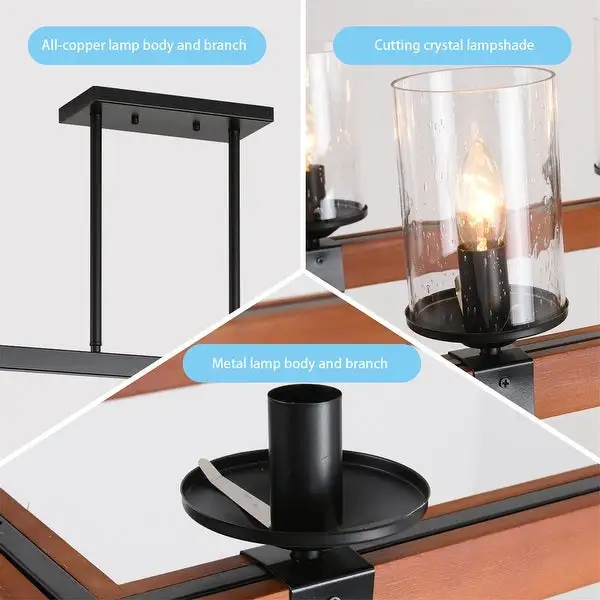 Retro Square Wooden Chandelier Glass Lamp 6 Bulb